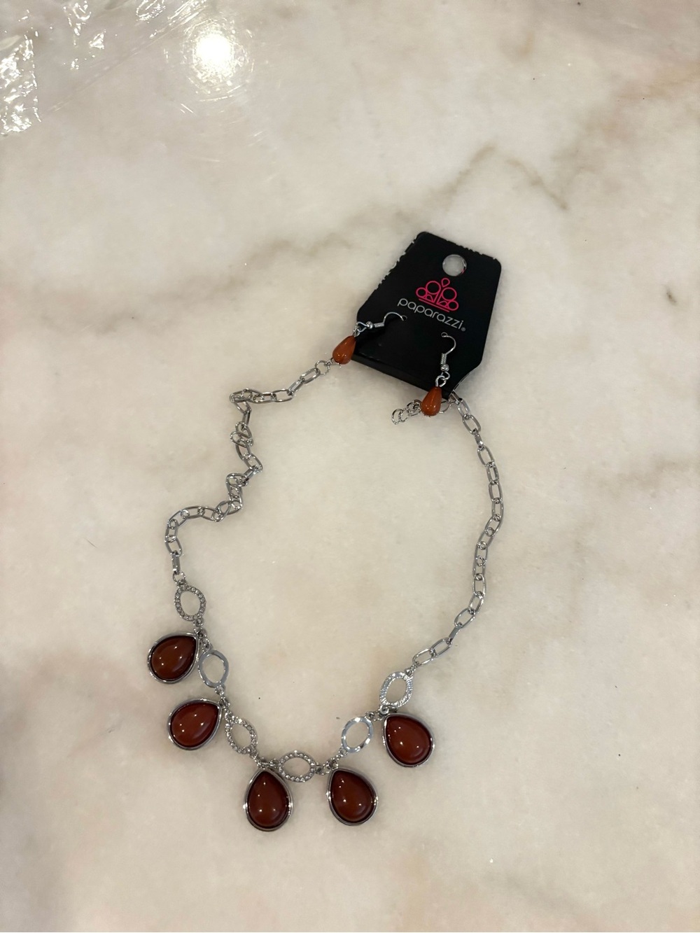 paparazzi Silver-Tone Necklace and earrings with Brown Teardrop Accents